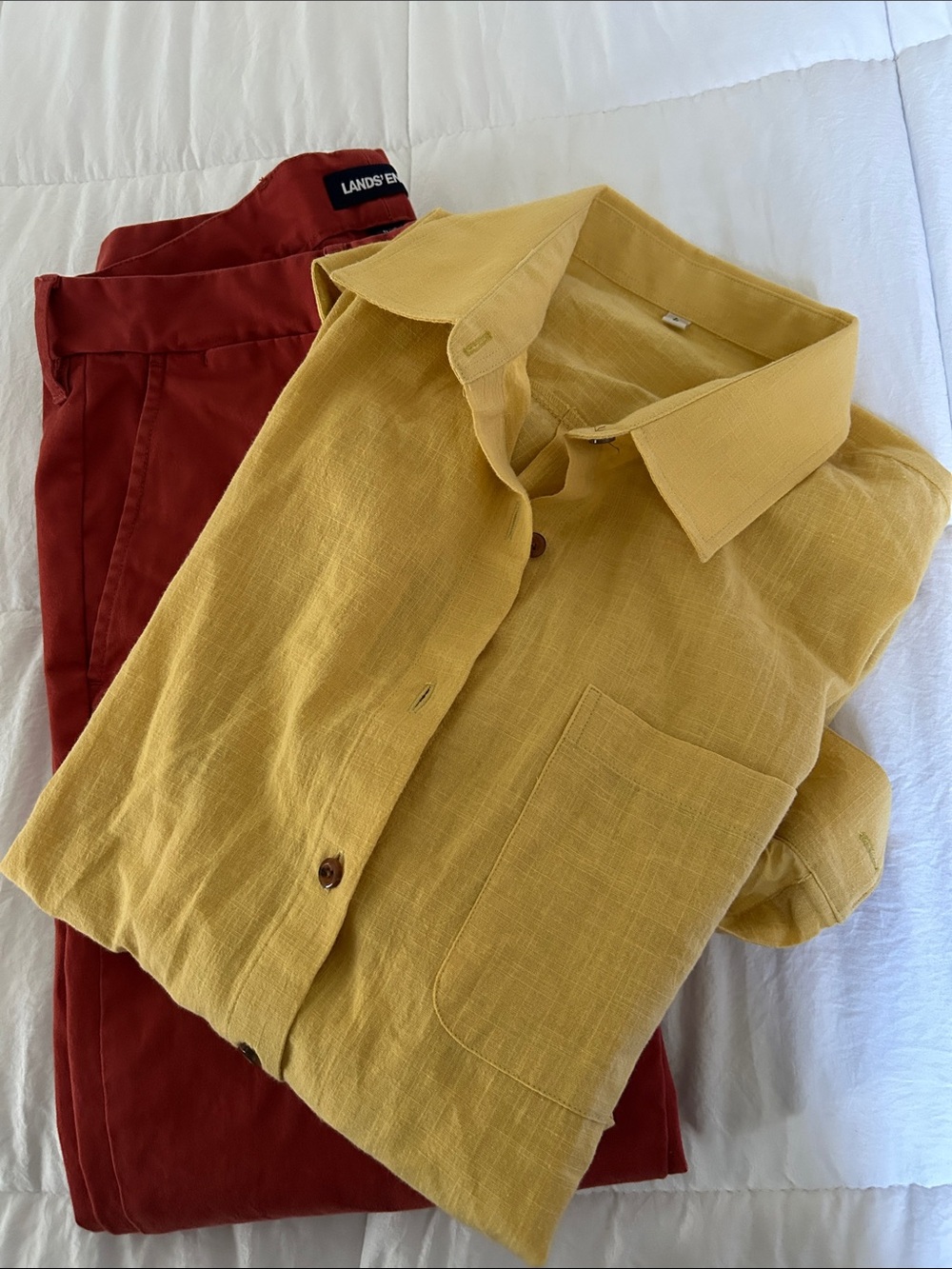 2 Items: Lands' End Brick Red Chinos Slim Ankle AND Mustard Oversized Shirt - L
